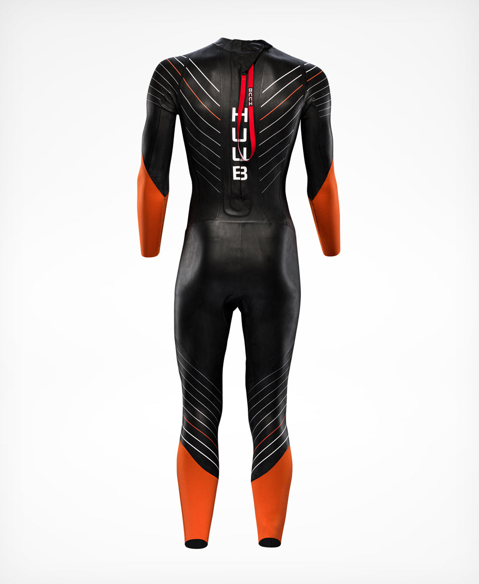 HUUB Araya men's triathlon wetsuit rear view with back zip and panel layout