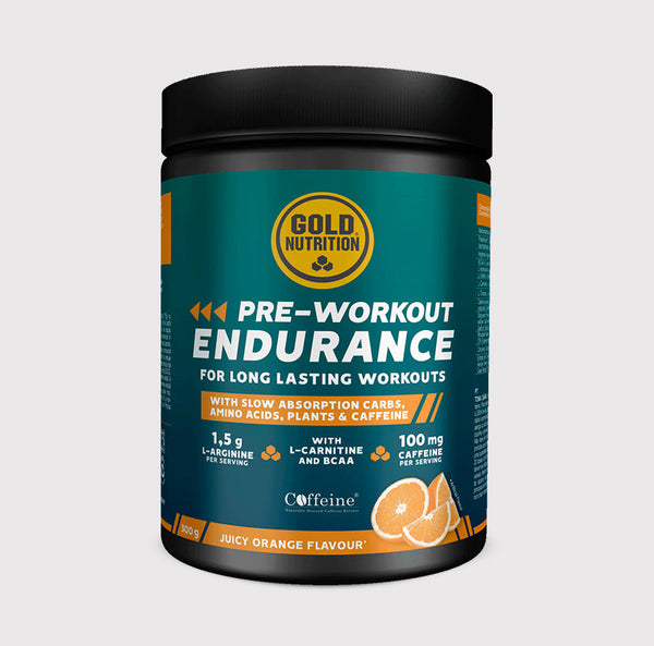 GoldNutrition Pre-Workout Endurance Drink Mix powder container with scoop.
