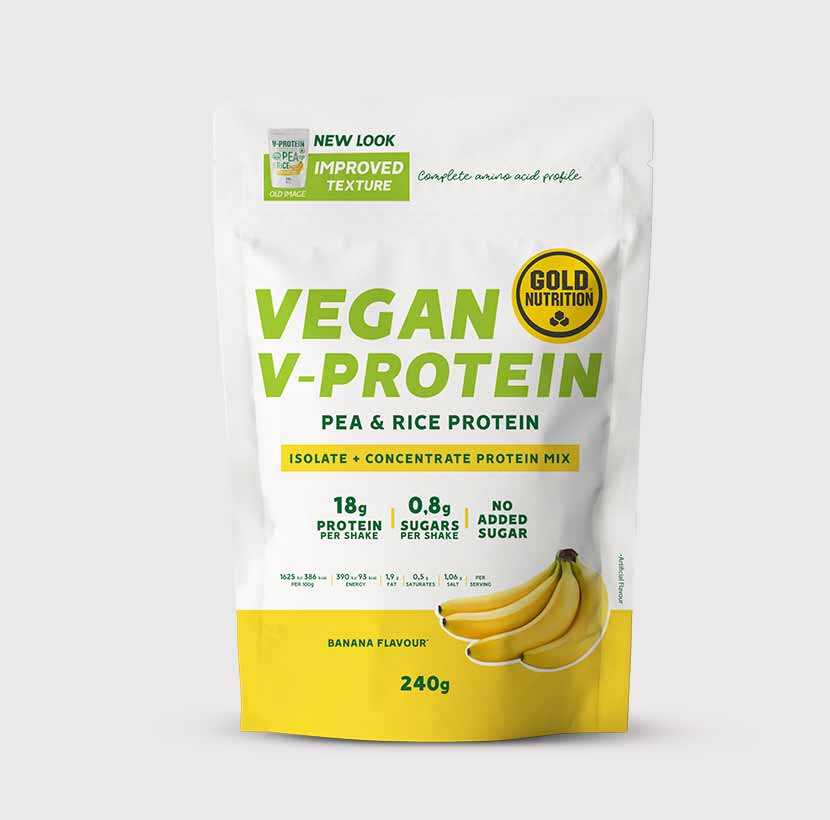 GoldNutrition V-Protein Hazelnut 240g vegan protein powder container with scoop and powder view