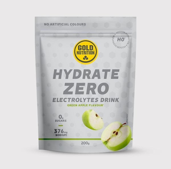 GoldNutrition Hydrate Zero H0 electrolyte drink powder in a colorful container with scoop and flavor labels.