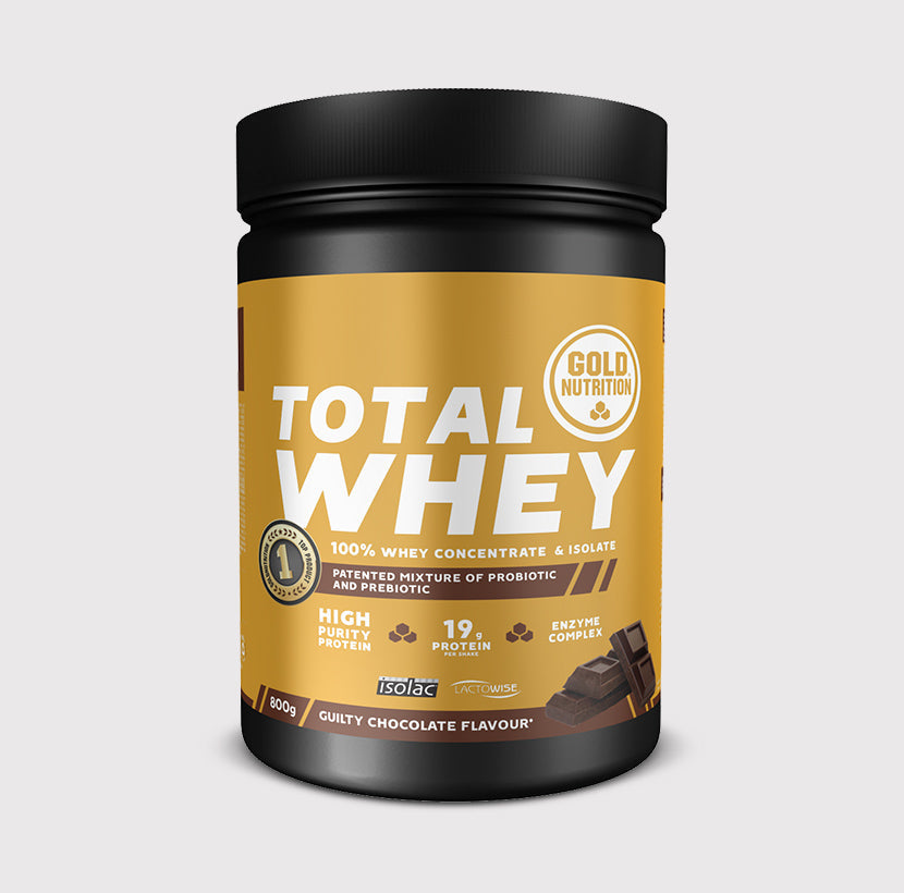 GoldNutrition Total Whey 800g protein powder packaging shown from an angled view.