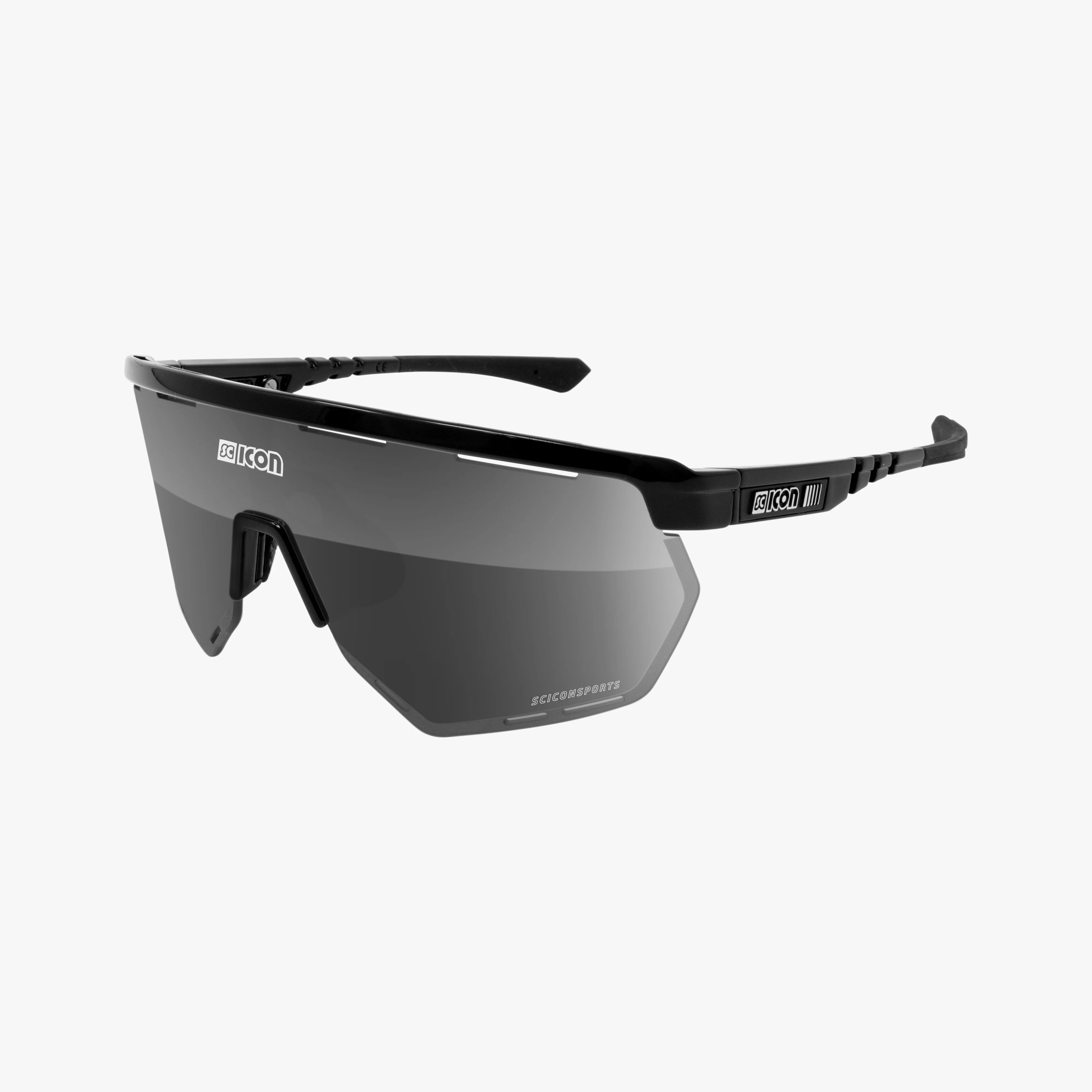Scicon Aerowing high-performance sport sunglasses with black gloss frame and red mirror lenses, designed for active wear.