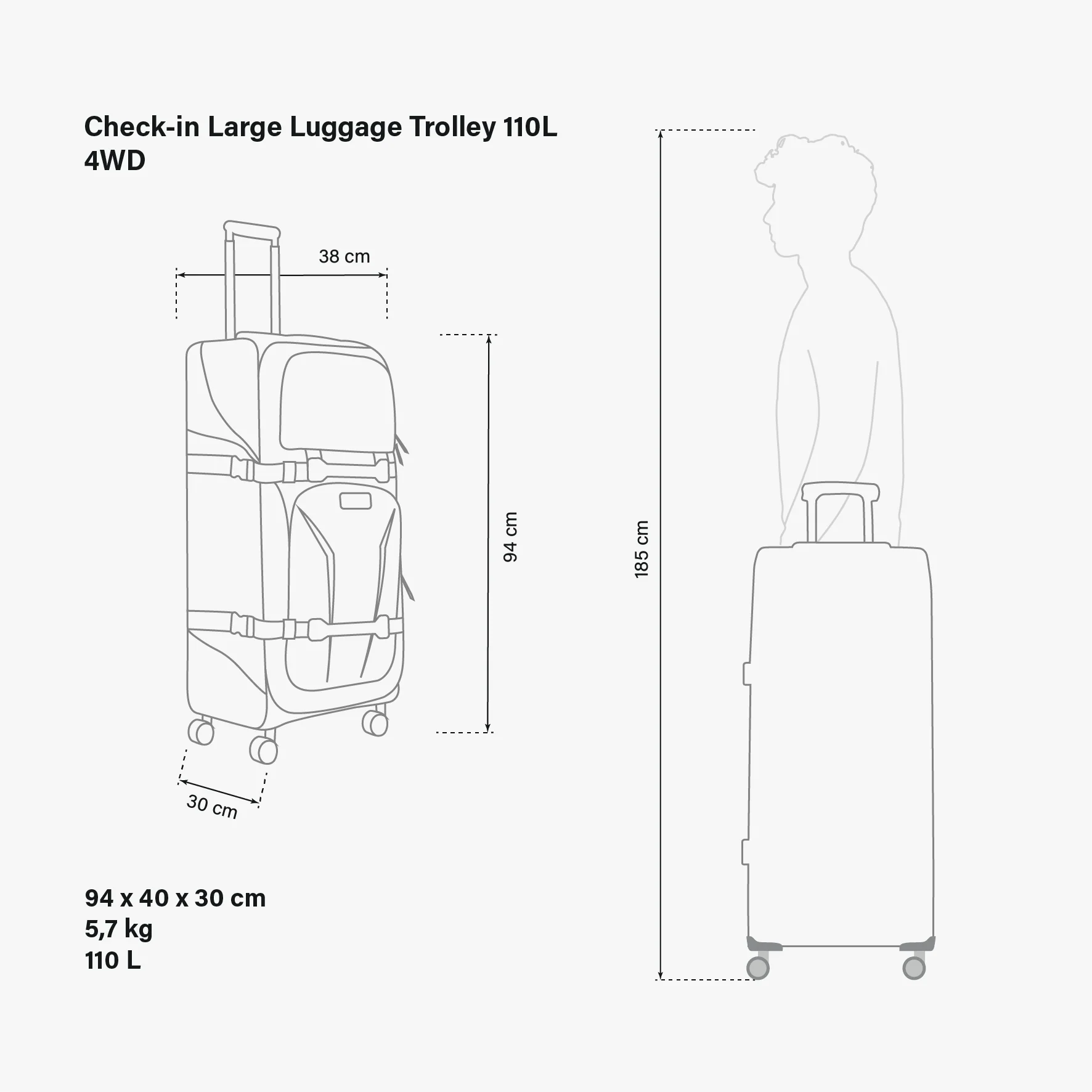 Black Scicon 110L 4WD trolley luggage with four wheels and retractable handle, designed for durable travel convenience.