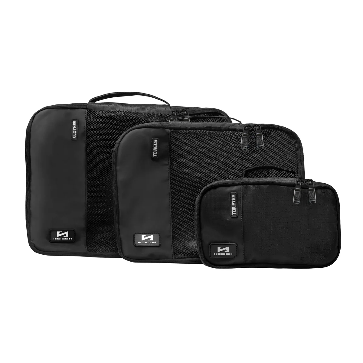 Set of three Scicon travel packing cubes in various sizes, designed for organized luggage storage and easy packing.
